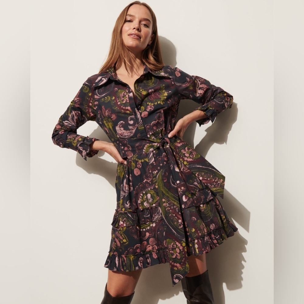 Figue Paisley Print Belted Shirt Dress Mini Cotton Size Small Long Sleeve